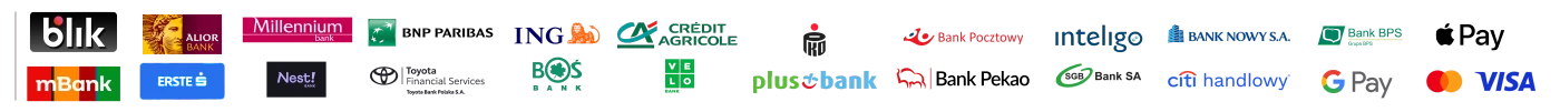 Dostępne metody płatności online: BLIK, przelewy online PBL, karty Visa, Visa Electron, Mastercard, MasterCard Electronic, Maestro — obsługa mElements S.A. (paynow)
