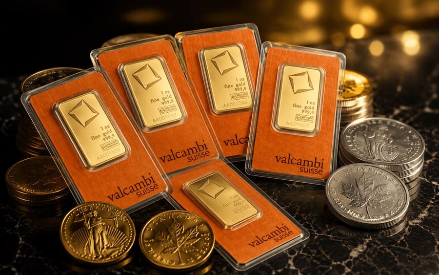 Sztabki złota Valcambi Suisse oraz złote monety bulionowe z mennic akredytowanych przez LBMA — oferta IDF Metale